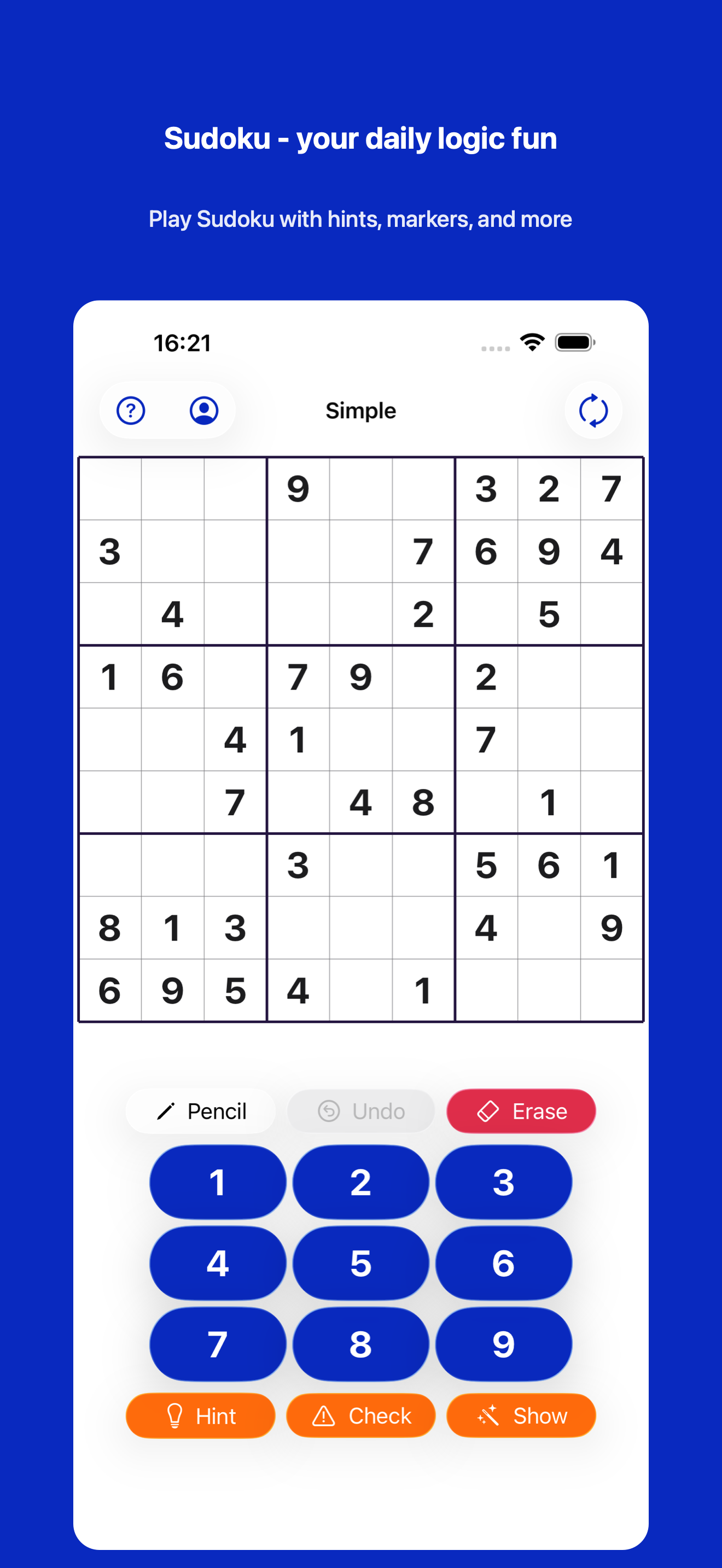 Sudoku game view with the 9x9 grid and the digit pad